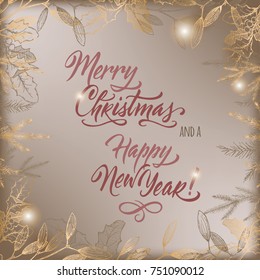 Vintage Christmas decorative template with mistletoe, pine branches and holiday brush lettering on vintage background. Great for greeting cards and holiday design.