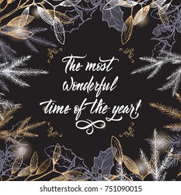 Vintage Christmas decorative template with mistletoe, pine branches and holiday brush lettering on black background. Great for greeting cards and holiday design.