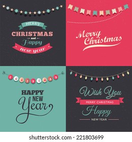 Vintage Christmas design with elements, chalkboard and light garland