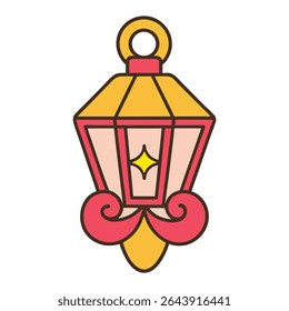 Vintage Christmas design featuring an old-fashioned street lantern glowing warmly, adorned with festive garlands, red ribbons, and snow-covered pine branches.
