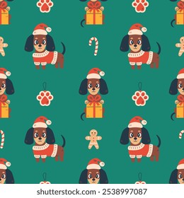 Vintage Christmas Dog Seamless Pattern with Dachshund. Modern Pet background with cartoon puppy gift box candy cane gingerbread man santa hat. Repeat vector illustration in retro style