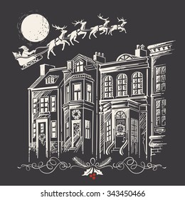 Vintage Christmas Drawing: Doodle Holiday Decorated Facades   Contour Deer Team and Santa Claus  Hurtling the Lunar Sky