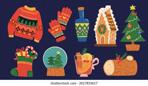 Vintage Christmas element collection. Hand drawn holiday objects isolated on dark blue background.