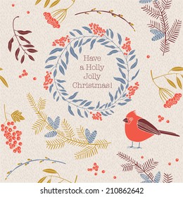 Vintage Christmas elements, bird with text seamless pattern background. 