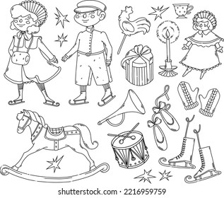 Vintage Christmas elements coloring page black outline	