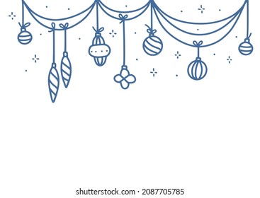 Vintage Christmas elements decor. Christmas ornaments hanging rope with Christmas tree balls. Vector linear doodle illustration.