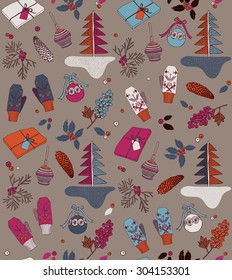 Vintage Christmas elements, gift box, pine cones, mittens and winter berries. Seamless pattern.