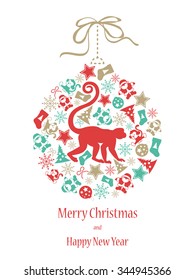 Vintage Christmas elements with Monkey in green-red gold colors