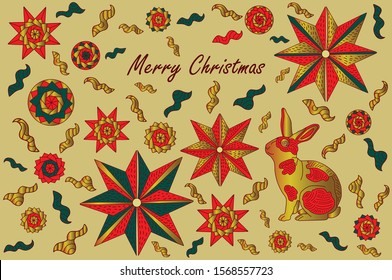 Vintage Christmas elements, rabbit with text seamless pattern background. 