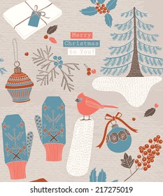 Vintage Christmas elements, robin bird, mittens, gift box and winter berries. Seamless pattern background. Christmas greeting card .