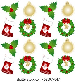 Vintage Christmas elements, Christmas sock, wreath and balls seamless pattern background. EPS10.  vector