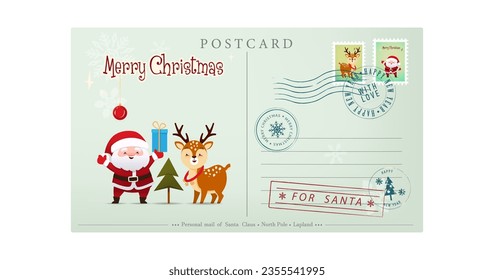 Vintage Christmas envelope with Santa Claus and cute deer. Retro style Christmas card with rubber seal, stamp. Vector illustration in cartoon, retro style