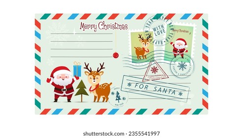 Vintage Christmas envelope with Santa Claus and cute deer. Retro style Christmas card with rubber seal, stamp. Vector illustration in cartoon, retro style