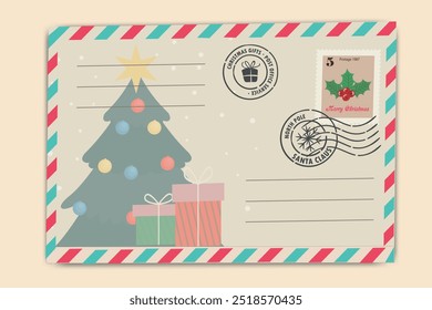 Vintage Christmas envelope template  with Christmas tree, gifts and festive holiday stamp. Merry Christmas card. Minimalistic winter holiday vintage greeting card.