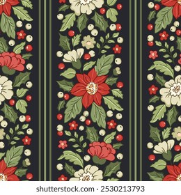 Vintage Natal floral vetor sem emenda padrão com poinsettias, visco, azevinho e listras verticais. Design festivo vitoriano escuro com bagas e folhagem exuberante. Feriados de inverno