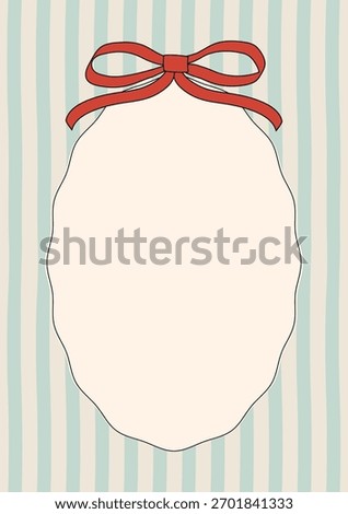 Vintage Christmas Frame Template with Red Bow and Blue Striped Background for Holiday Card or Festive Invitation