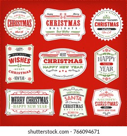 Vintage Christmas Frames, Banners And Badges
Illustration of a set of christmas and happy new year frames, banners and badges, for season's greetings, winter and december holidays, in red, black and g