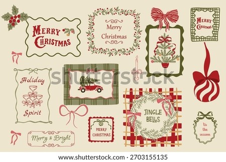 Vintage Christmas frames, posters, card set decorated bows. Retro cozy hand drawn Xmas elements isolated collection for greetings, flyers, invitations. Vector winter holiday graphic illustration.