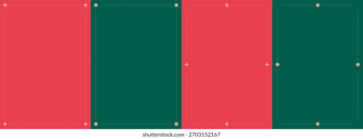 Vintage Christmas frames set. Red and green holiday borders with golden stars and ribbon. Rectangle elegant Christmas frames with empty textbox. Minimalist invitation background. Vector illustration.