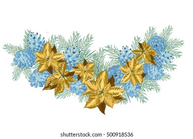 Vintage Christmas garland with blue pine cones and golden poinsettia isolated on white background. Vector illustration