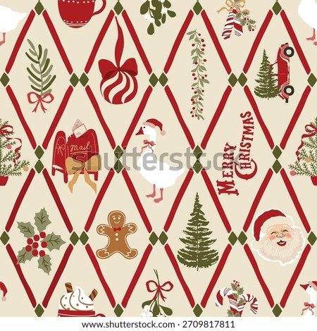 Vintage Christmas geometric seamless pattern. Cozy rhombus, argyle, diamond trellis. Winter holidays wallpaper, repeat background. Retro New Year print, textile. Vector Santa face, Christmas tree, car