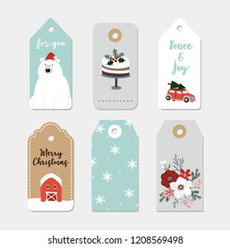 Vintage Christmas Gift Tags Set. Hand Drawn Labels With Winter Flowers, Cake, Car With Christmas Tree, Polar Bear, Snowflakes And Farm House. Isolated Vector Illustration Objects.