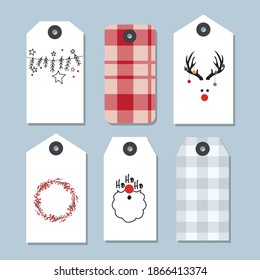 Vintage Christmas Gift Tags Set. Simple Labels with Deer, Chain, Wreath and Santa. Isolated Vector Illustration Objects Ready to Print.