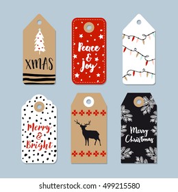 Vintage Christmas gift tags set. Hand drawn labels with Christmas tree, deer , stars and lights. Isolated vector illustration objects.