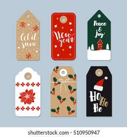 Vintage Christmas gift tags set. Hand drawn labels with lettering quotes. Isolated vector illustration objects.