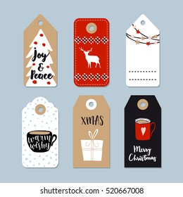 Vintage Christmas gift tags set. Hand drawn labels. Isolated vector illustration objects.