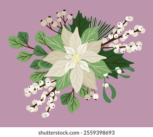 Vintage Christmas greenery composition with white poinsettia, fir branches, mistletoe. Hand drawn vector illustration for design holiday decor, decoration new year, greeting card, winter weddding desi