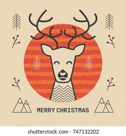 Vintage Christmas greeting card or banner template, reindeer with text. Vector illustration in scandinavian simple style
