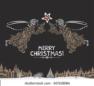 Vintage Christmas greeting card. Celebration background with Angels, Christmas star, Christmas tree, Beautiful winter landscape and place for your text. Vector illustration