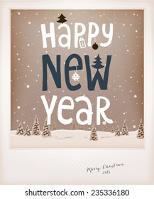Vintage Christmas Greeting Card Design. Retro Xmas Holiday Style. Winter Landscape with Typographic Christmas Elements.