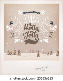 Vintage Christmas Greeting Card Design. Retro Xmas Holiday Style. Winter Landscape with Typographic Christmas Elements.