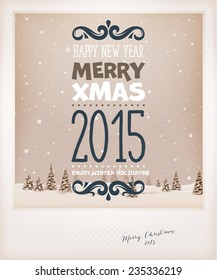 Vintage Christmas Greeting Card Design. Retro Xmas Holiday Style. Winter Landscape with Typographic Christmas Elements.