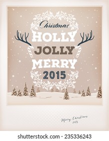 Vintage Christmas Greeting Card Design. Retro Xmas Holiday Style. Winter Landscape with Typographic Christmas Elements.