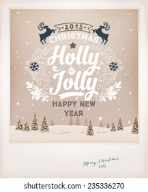 Vintage Christmas Greeting Card Design. Retro Xmas Holiday Style. Winter Landscape with Typographic Christmas Elements.