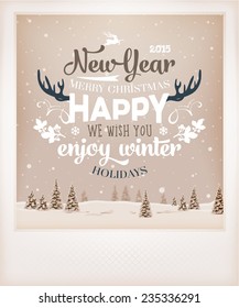 Vintage Christmas Greeting Card Design. Retro Xmas Holiday Style. Winter Landscape with Typographic Christmas Elements.