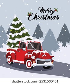 Vintage Weihnachts Grußkartendesign. Classic Red Pickup Truck mit Schnee bedeckt Weihnachtsbaum die Straße hinunter - Frohe Weihnachten 