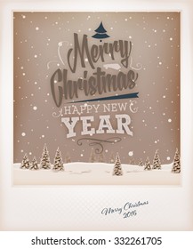 Vintage Christmas Greeting Card Design. Retro Xmas Holiday Style. Winter Landscape with Typographic Christmas Elements.