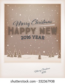 Vintage Christmas Greeting Card Design. Retro Xmas Holiday Style. Winter Landscape with Typographic Christmas Elements.