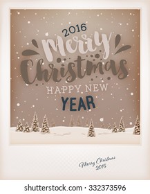 Vintage Christmas Greeting Card Design. Retro Xmas Holiday Style. Winter Landscape with Typographic Christmas Elements.