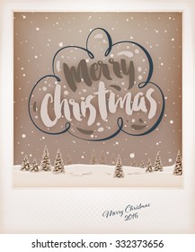 Vintage Christmas Greeting Card Design. Retro Xmas Holiday Style. Winter Landscape with Typographic Christmas Elements.