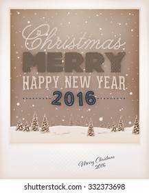 Vintage Christmas Greeting Card Design. Retro Xmas Holiday Style. Winter Landscape with Typographic Christmas Elements.