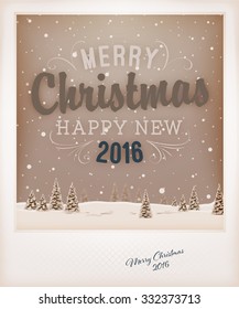 Vintage Christmas Greeting Card Design. Retro Xmas Holiday Style. Winter Landscape with Typographic Christmas Elements.