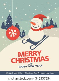 Vintage christmas greeting card design with Snowman in a sledge