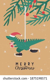 Vintage christmas greeting card with dinosaur toy on christmas branch. Santa dinosaur tyrannosaurus rex skating. Vector hand drawn illustration. 