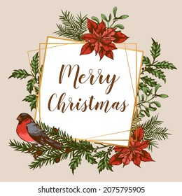 Vintage Christmas greeting card with evergreen plants, flowers and bullfinch birds. Decorative background for Christmas and new year. Hand drawn vector illustration.