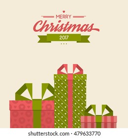 Vintage christmas greeting card. Gift boxes with stripes and hearts, ribbons and calligraphy wishes. Flat merry xmas background. Seasons greetings lettering poster. Winter holidays composition.